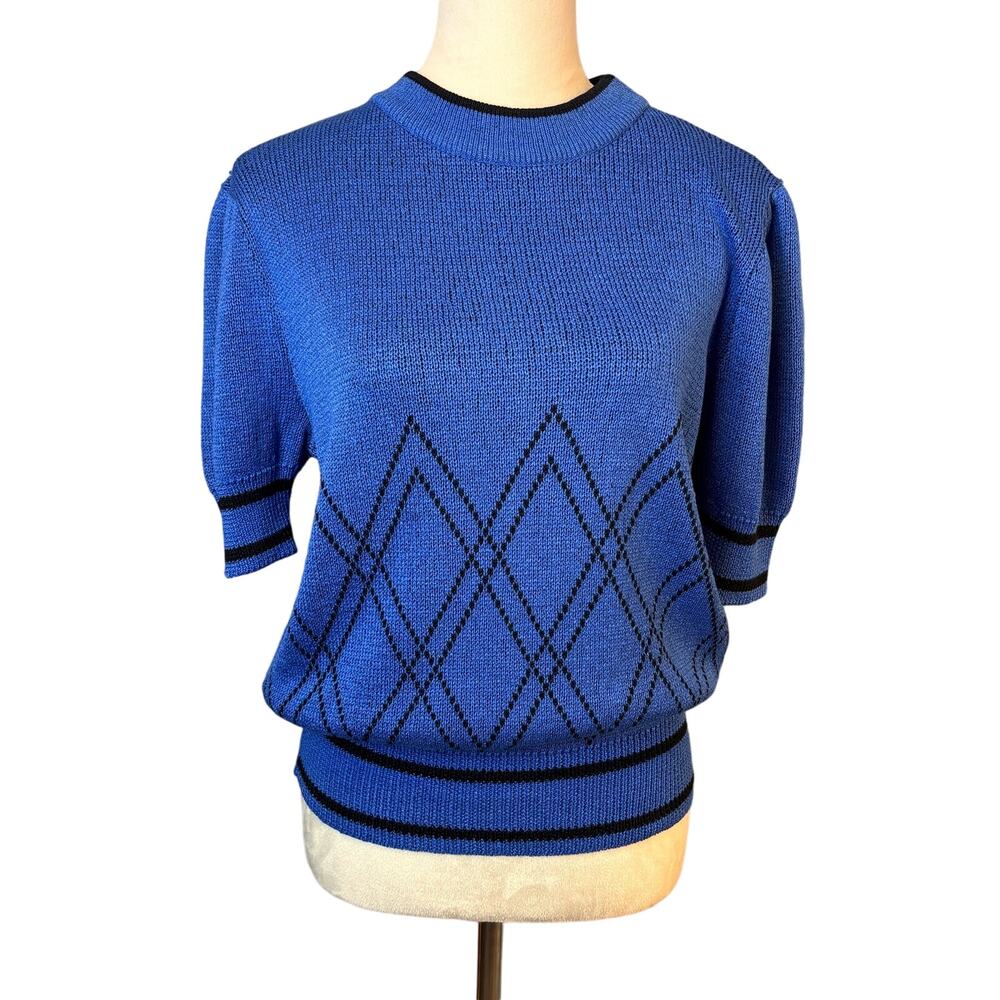Vintage Vivanti Sweater Blouse Gorgeous Vibrant Blue Argyle Print Womens